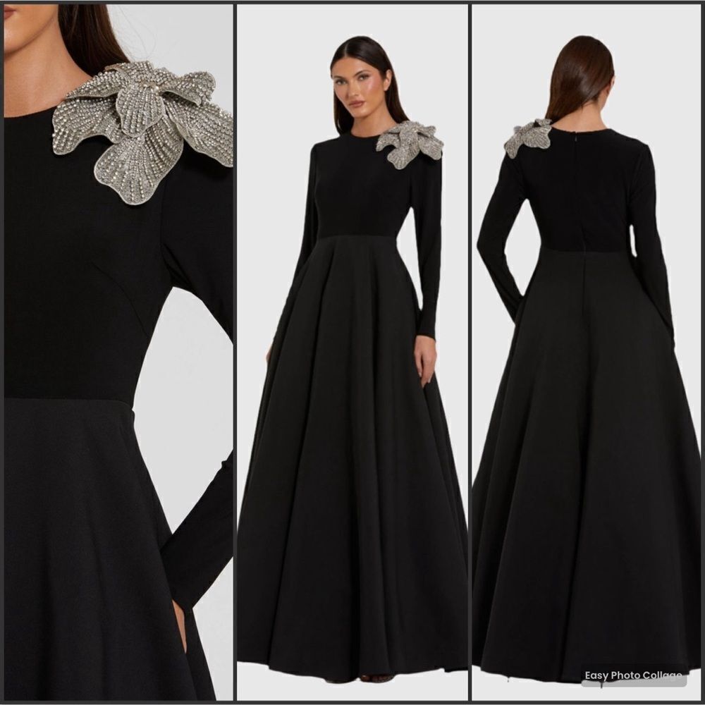 Mac Duggal 11832 Black Long Sleeve Taffeta 3D Flower Ball Gown Dress
